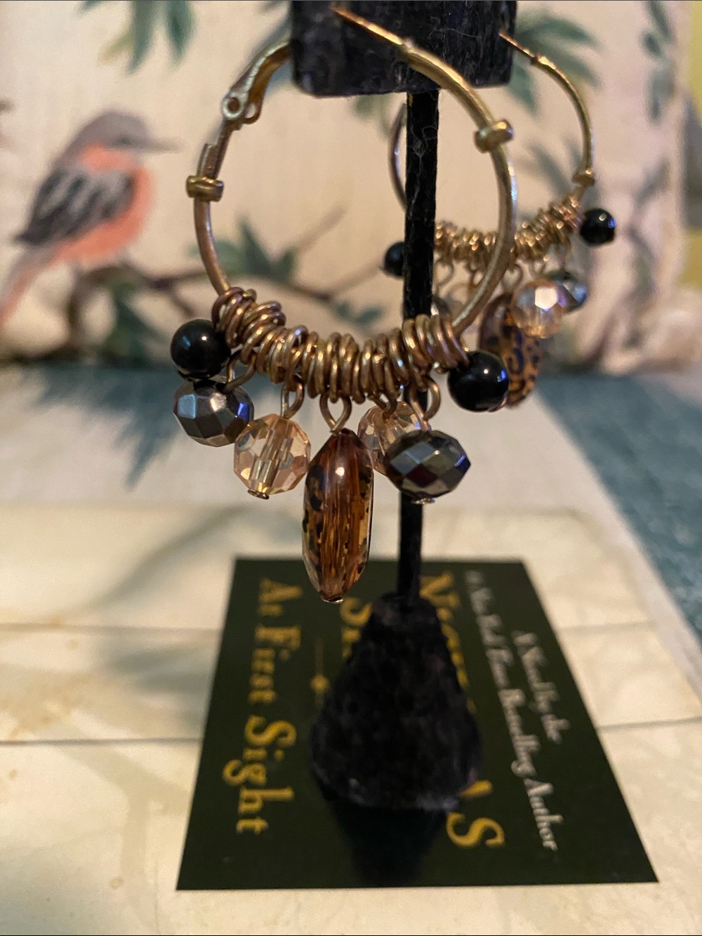 Gold Hoop Earrings with Brown and Black Beads - Unbranded